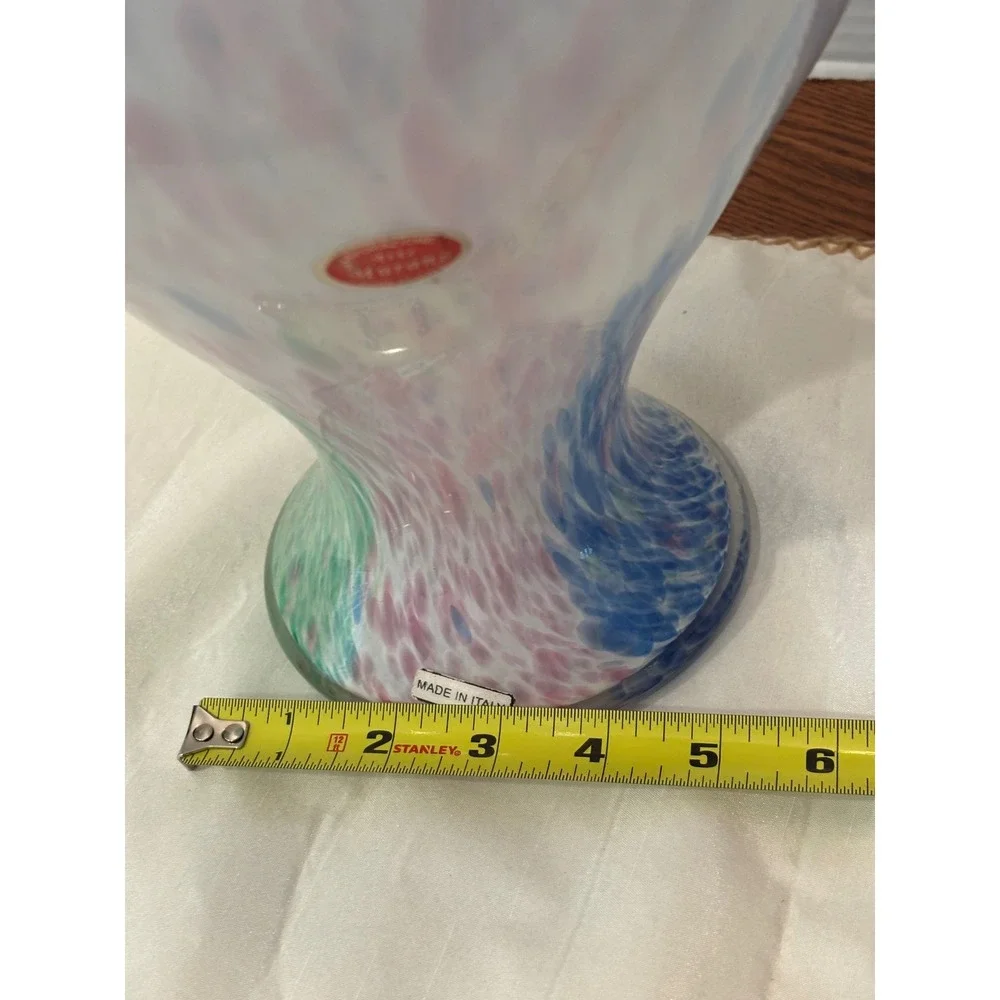 Arte Murano Glass Vase Ruffled Rim Confetti Blue Pink Green  11.75
